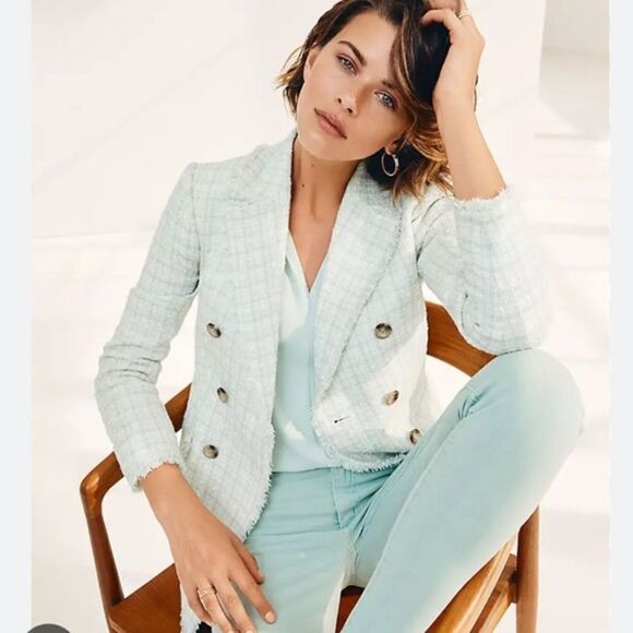 Ann Taylor Sage Fringe Tweed Double Breasted Blazer Jacket - Picture 1 of 6